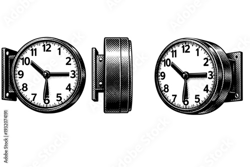 Train platform clock side-mounted housing. A realistic train platform clock presented as one object in three different views, emphasizing casing thickness,