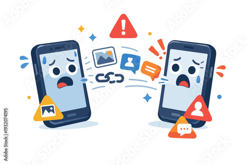 Phone upgrade transfer panic capturing last-minute anxiety as two smartphones face each other while data icons spill and warning symbols appear, expressing