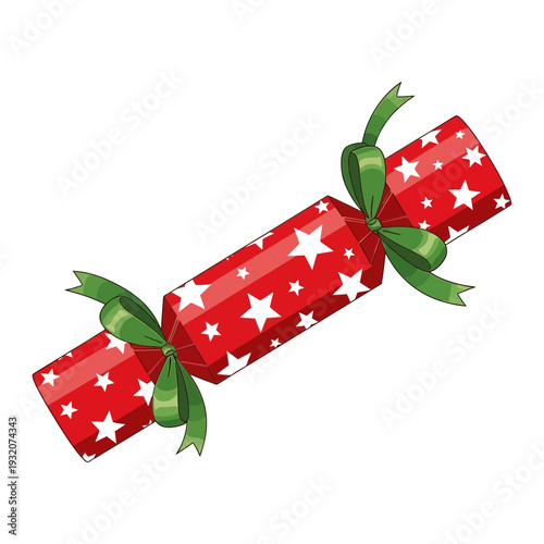 Festive Cracker Delight: A vibrant Christmas cracker, adorned with stars and tied with ribbons, embodies the essence of holiday cheer and surprise.