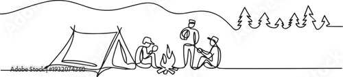 One continuous line drawing of People camping vector illustration. Camping and hiking activity design illustration simple linear style vector concept. one line Icon drawing