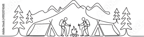 One continuous line drawing of People camping vector illustration. Camping and hiking activity design illustration simple linear style vector concept. one line Icon drawing