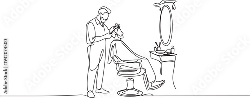 One continuous line drawing of a barber is shaving his customer in the barbershop vector illustration. Barbershop activity illustration in simple linear style vector concept. one line Icon drawing