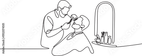 One continuous line drawing of a barber is shaving his customer in the barbershop vector illustration. Barbershop activity illustration in simple linear style vector concept. one line Icon drawing