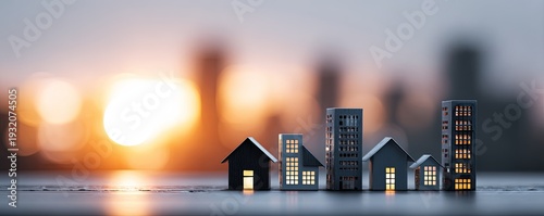 Miniature Cityscape at Sunset with Glowing Windows.