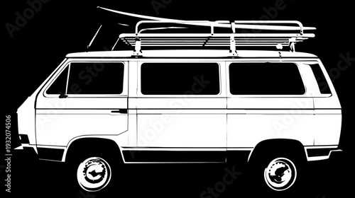 A simple, black-and-white illustration of a classic van with a pop-up roof and a roof rack