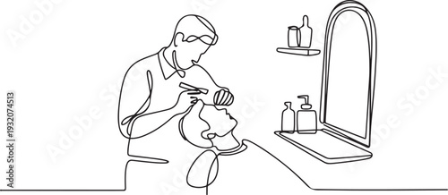 One continuous line drawing of a barber is shaving his customer in the barbershop vector illustration. Barbershop activity illustration in simple linear style vector concept. one line Icon drawing