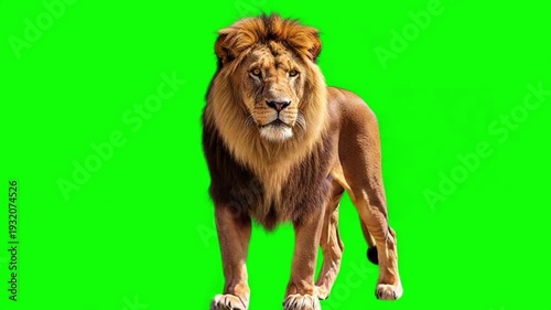 Realistic Male Lion Walking and Looking Around Isolated on Green Screen Chroma Key Background 4K Loop