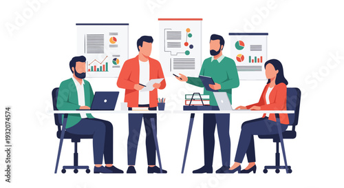 Modern flat vector illustration of diverse office team collaborating at open workspace with laptops and charts representing teamwork, productivity and contemporary corporate lifestyle