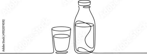 One continuous line drawing of bottle and glass with milk containt. beverage in simple linear style. beverage design concept. one line Icon drawing