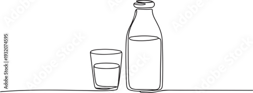 One continuous line drawing of bottle and glass with milk containt. beverage in simple linear style. beverage design concept. one line Icon drawing