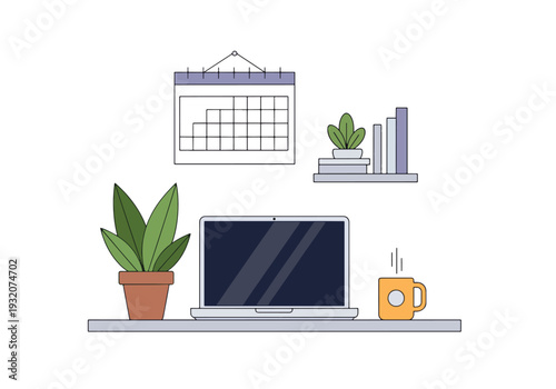 Modern flat vector illustration of remote worker at home office with laptop representing freelance productivity, digital work and modern flexible lifestyle