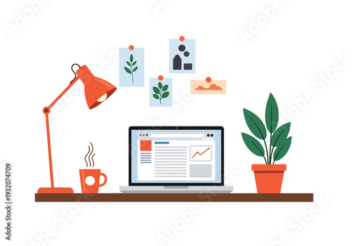 Modern flat vector illustration of remote worker at home office with laptop representing freelance productivity, digital work and modern flexible lifestyle