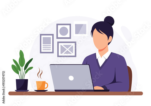 Modern flat vector illustration of remote worker at home office with laptop representing freelance productivity, digital work and modern flexible lifestyle