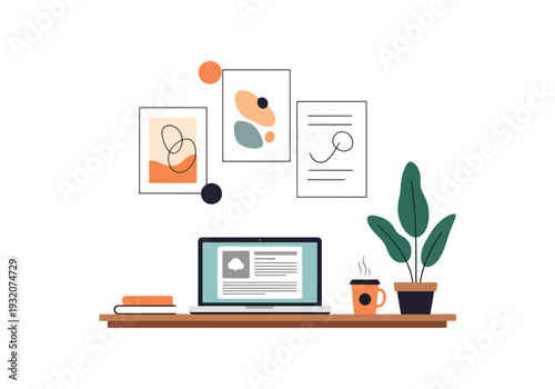 Modern flat vector illustration of remote worker at home office with laptop representing freelance productivity, digital work and modern flexible lifestyle