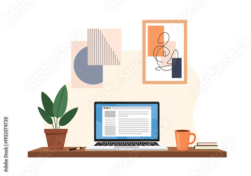 Modern flat vector illustration of remote worker at home office with laptop representing freelance productivity, digital work and modern flexible lifestyle