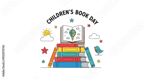 Colorful Childrens Books Stacked with Decorations.