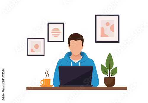 Modern flat vector illustration of remote worker at home office with laptop representing freelance productivity, digital work and modern flexible lifestyle