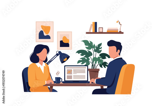 Modern flat vector illustration of remote worker at home office with laptop representing freelance productivity, digital work and modern flexible lifestyle