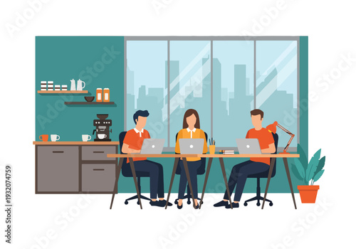 Modern flat vector illustration of cafe coworking office with freelancers and entrepreneurs working together representing startup culture, collaboration and creative business environment
