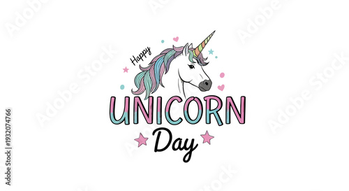 Colorful Unicorn Illustration with Happy Unicorn Day Text.