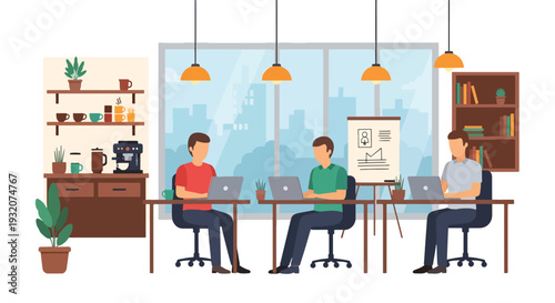 Modern flat vector illustration of cafe coworking office with freelancers and entrepreneurs working together representing startup culture, collaboration and creative business environment