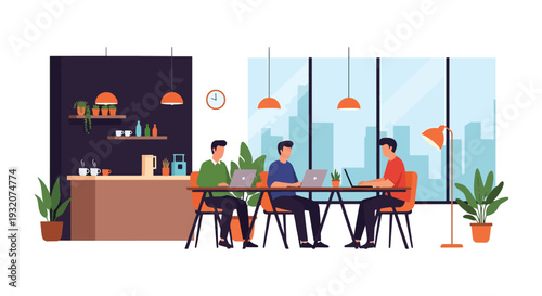 Modern flat vector illustration of cafe coworking office with freelancers and entrepreneurs working together representing startup culture, collaboration and creative business environment