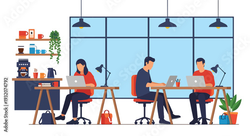 Modern flat vector illustration of cafe coworking office with freelancers and entrepreneurs working together representing startup culture, collaboration and creative business environment