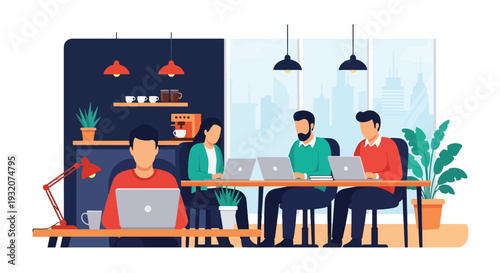 Modern flat vector illustration of cafe coworking office with freelancers and entrepreneurs working together representing startup culture, collaboration and creative business environment