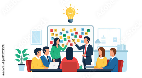 Modern flat vector illustration of office brainstorming session with team around table and idea notes representing innovation, creativity and business strategy planning