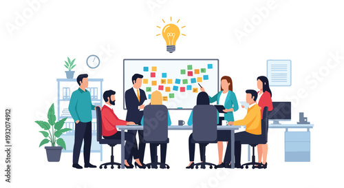 Modern flat vector illustration of office brainstorming session with team around table and idea notes representing innovation, creativity and business strategy planning
