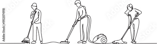 One continuous line drawing of People with housekeeping work activity vector illustration. tasks such as sweeping, vacuuming, mopping. one line Icon drawing