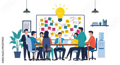 Modern flat vector illustration of office brainstorming session with team around table and idea notes representing innovation, creativity and business strategy planning