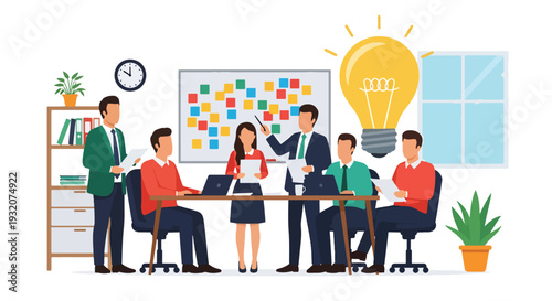 Modern flat vector illustration of office brainstorming session with team around table and idea notes representing innovation, creativity and business strategy planning