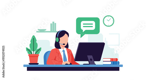 Modern flat vector illustration of customer support agent with headset at desk helping client representing service communication and corporate support operations