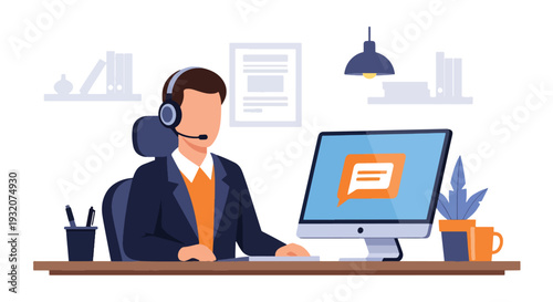 Modern flat vector illustration of customer support agent with headset at desk helping client representing service communication and corporate support operations