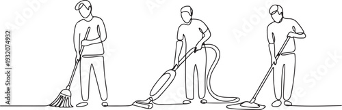 One continuous line drawing of People with housekeeping work activity vector illustration. tasks such as sweeping, vacuuming, mopping. one line Icon drawing