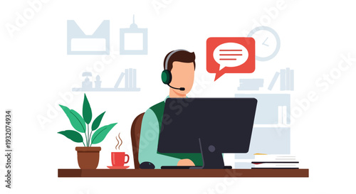 Modern flat vector illustration of customer support agent with headset at desk helping client representing service communication and corporate support operations