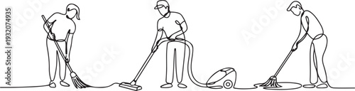 One continuous line drawing of People with housekeeping work activity vector illustration. tasks such as sweeping, vacuuming, mopping. one line Icon drawing
