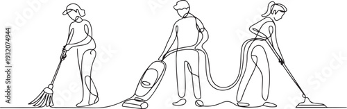 One continuous line drawing of People with housekeeping work activity vector illustration. tasks such as sweeping, vacuuming, mopping. one line Icon drawing