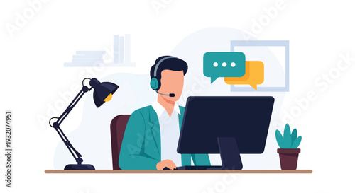 Modern flat vector illustration of customer support agent with headset at desk helping client representing service communication and corporate support operations