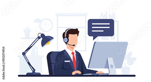 Modern flat vector illustration of customer support agent with headset at desk helping client representing service communication and corporate support operations