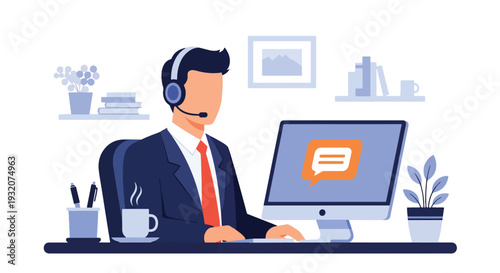Modern flat vector illustration of customer support agent with headset at desk helping client representing service communication and corporate support operations