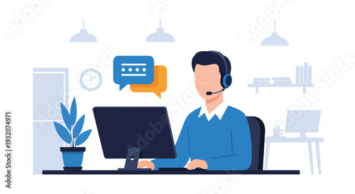 Modern flat vector illustration of customer support agent with headset at desk helping client representing service communication and corporate support operations