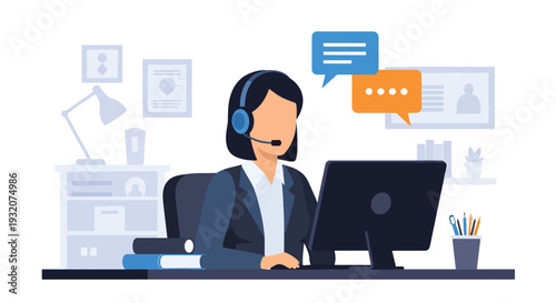 Modern flat vector illustration of customer support agent with headset at desk helping client representing service communication and corporate support operations