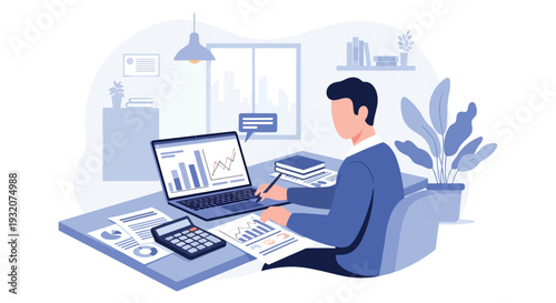 Modern flat vector illustration of office worker analyzing financial report on laptop with charts and calculator representing accounting, finance and business management
