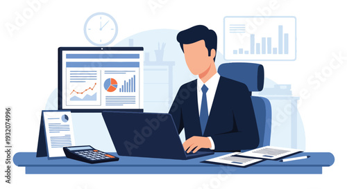 Modern flat vector illustration of office worker analyzing financial report on laptop with charts and calculator representing accounting, finance and business management