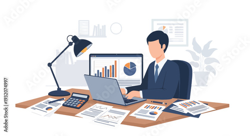 Modern flat vector illustration of office worker analyzing financial report on laptop with charts and calculator representing accounting, finance and business management