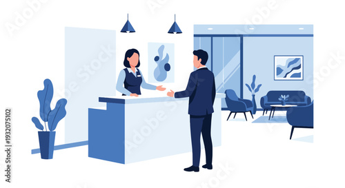 Modern flat vector illustration of receptionist welcoming visitor at office front desk representing corporate service, hospitality and professional business environment