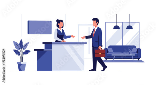 Modern flat vector illustration of receptionist welcoming visitor at office front desk representing corporate service, hospitality and professional business environment