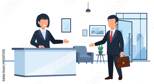 Modern flat vector illustration of receptionist welcoming visitor at office front desk representing corporate service, hospitality and professional business environment